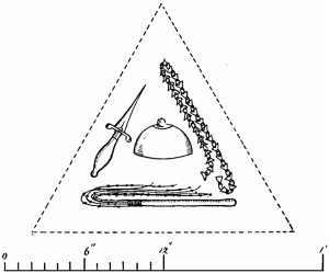 The scourge, dagger and chain, enclosing the phial for the holy oil.