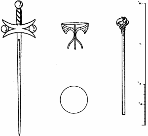 The wand, cup, sword, and disc or pantacle (drawn to scale).